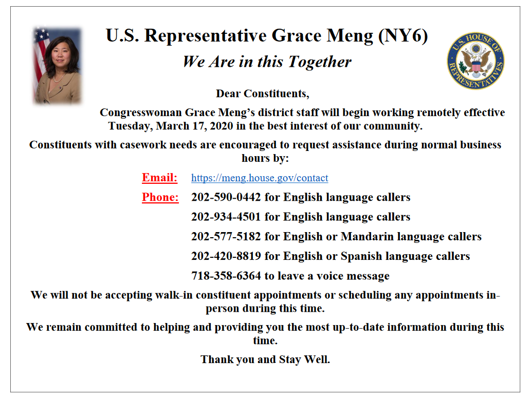 Contact Congresswoman Meng's Office    Engllish Version