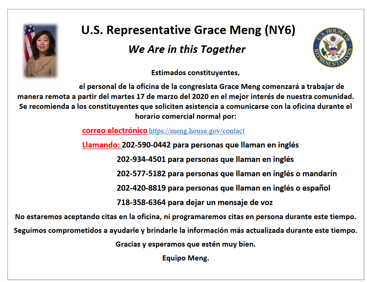 Contact Congresswoman Meng's Office    Spanish Version